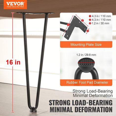 Pied de Table en Épingle à Cheveux 4PCS Pieds de Bureau 406 mm Acier Massif Capacité Charge 227 kg Pieds de Meubles 2 Tiges Noirs a… (1/5)