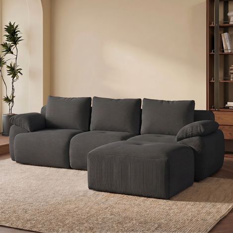 Canapé modulable en velours côtelé – Résistant aux rayures et adapté aux animaux – 3 places + repose-pieds – Ultra moelleux – Style moderne – Noir (1/5)