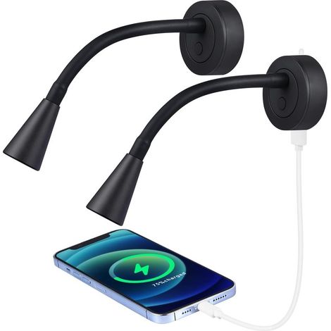 Lampe de lecture à intensité variable 12 V, adaptée aux camping-cars et aux bateaux, lot de 2, lampe de chevet murale LED à col de cygne, 24 V 3000 K noire, avec interface USB, adaptée aux camping-car (1/5)