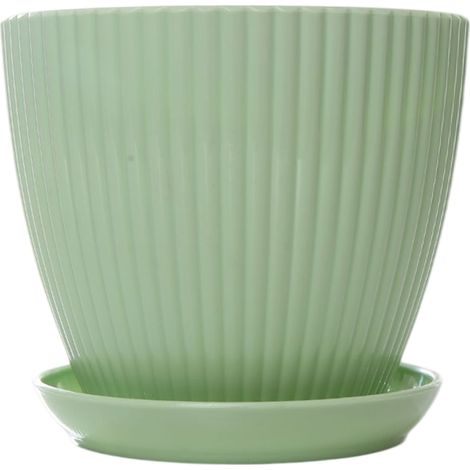 1 pot de fleurs Divers accessoire de portail, plastique PP avec trou de drainage et soucoupe, imitation céramique rayée, vert menthe, intérieur/extérieur (1/5)