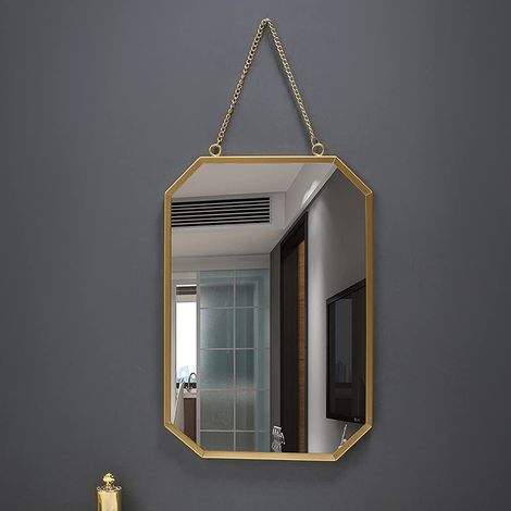 Octagon Metal Frame Wall Decor Decorative Mirror with Chain Makeup Mirror for Bathroom Living Room Bedroom - L