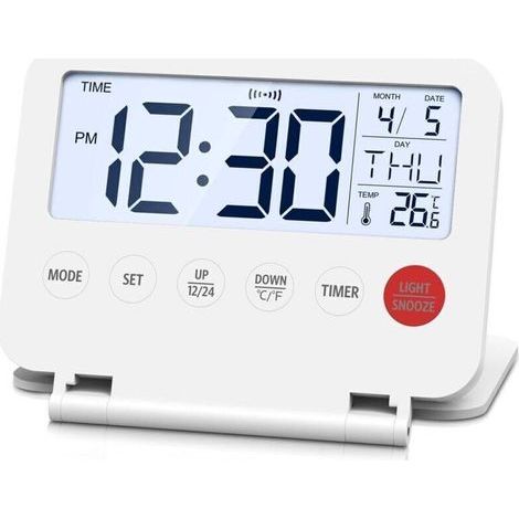 Pair Mini réveil de voyage pliable numérique, écran LCD rétroéclairé, thermomètre, snooze, date et heure, horloge bureau pour chambre, cuisine