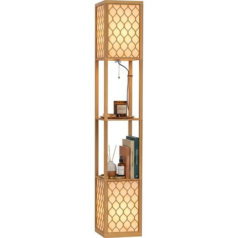 HOMCOM 2-Light Modern Floor Lamp w/ Shelves, Bedroom, Natural Wood Finish (1/5)
