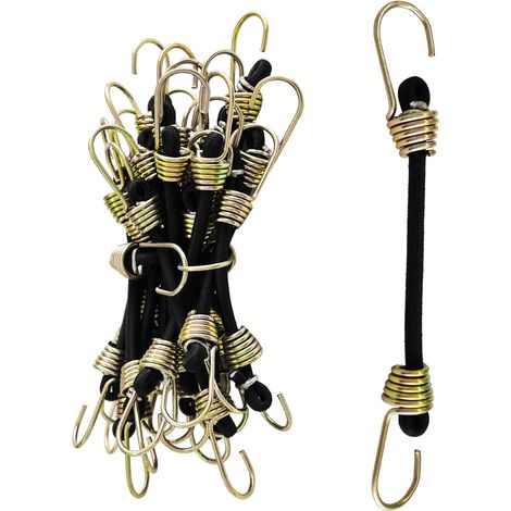 Lot de 20 mini-tendeurs élastiques noirs de 4 pouces avec crochets jaunes, sangles élastiques robustes pour la fixation des bâches, des tentes, du fret, du camping, de la randonnée, de la chasse (1/5)