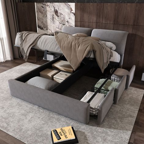 Lit capitonné velours gris 140x200 cm sommier hydraulique coffre rangement 3 tiroirs sommier lattes tête de lit