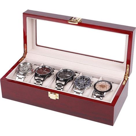 Coffret à montres en bois anti-poussière pour 5 montres, fenêtre en verre, verrouillable (1/3)