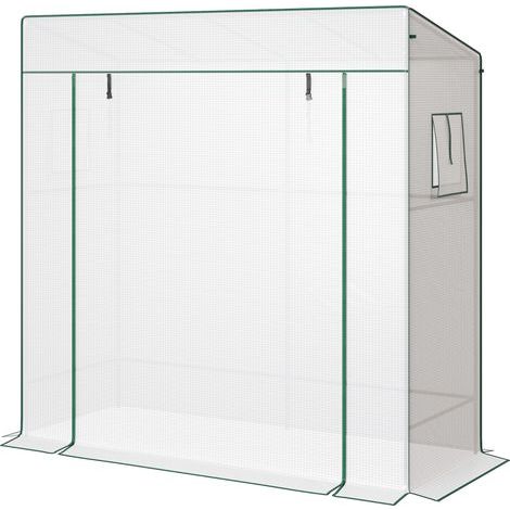 Serre de jardin Serre de jardin murale adossée avec 1 porte enroulable, bâche PE renforcée, 2 fenêtres, dim. 196L x 77l x 197/178H cm (1/4)