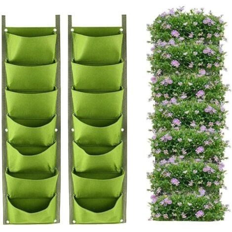 Sacs de jardinière Suspendus, Paquet de 2 Jardinière Murale Verticale Suspendue à 7 Poches Plantation de Sacs de Culture Jardinage intérieur extérieur Pot de Fleurs Vert Vertical (Vert) (1/5)