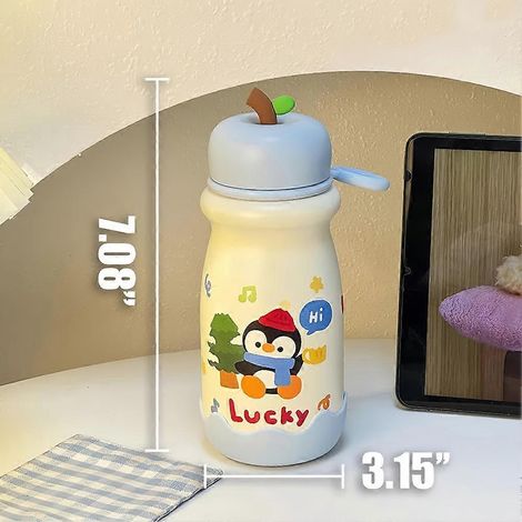 Bouteille d'eau isotherme de 500 ml (17 oz) avec un motif d'animaux de dessin animé et une sangle de transport convient à un usage quotidien, garde l'eau chaude ou froide. (1/4)