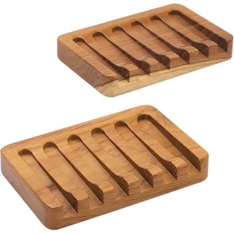 Set di 2 portasapone in legno di teak autodrenanti per doccia, bagno, vasca da bagno, cucina, facili da asciugare