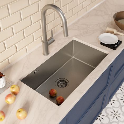 Ceramia Timeless 68x45x21 cm lavello sottotop + miscelatore in acciaio inox con doccetta estraibile, gun metal spazzolato (1/4)