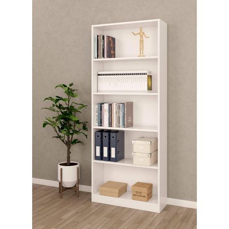 Bibliothèque Boston, Meuble à livres linéaire à 4 étagères, étagère de bureau ou chambre, meuble de rangement moderne, 80x28h201 cm, blanc (1/5)