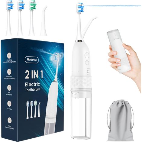 Brosse à Dent Electrique Sonique avec Jet Dentaire Portable 2 en 1 - Kit Voyage Hydropulseurs et Irrigateurs pour Adultes - 3+4 Modes de Nettoyage - 4 Têtes de Rechange - IPX7 Etanche (1/5)