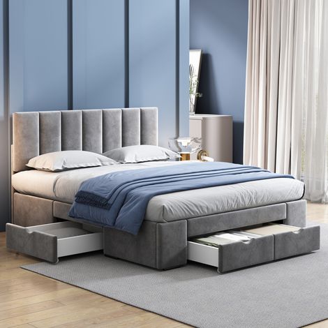 Cama doble 140x200 cm de terciopelo gris, con almacenaje para dormitorio, sin colchón -FLORAGRACE (1/5)