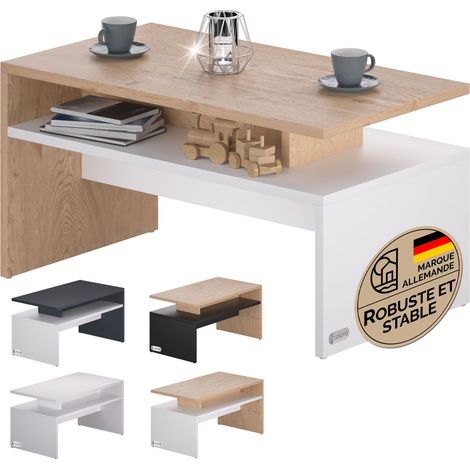 Casaria – Table basse relevable blanche 95x55x50cm – Charge 50kg – 2 niveaux de rangement – Design moderne pour salon