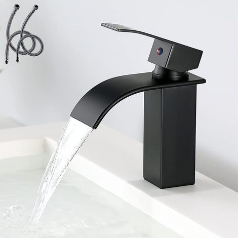Robinet de salle de bain Ineasicer moderne noir à effet cascade, design élégant, mitigeur en laiton, eau chaude et froide, revêtement antioxydant. (1/5)