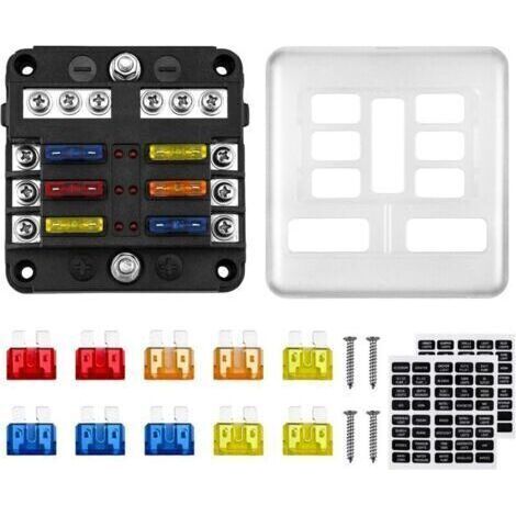 6 Voies Boîte Fusibles 12V Porte Fusible ATO 32V 100A avec 10 Fusibles 6 Voyants LED Couvercle de Protection + 2 pcs Autocollants pour Voiture Bateau Camping-car--TRIMEC