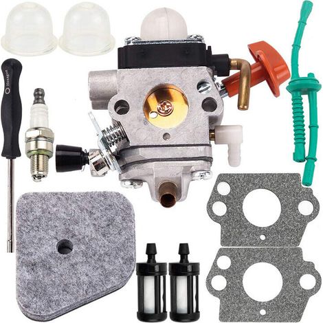 Kit de carburador para cortadora de hilo Sthil FS87, FS90, FS100, FS110, FS130, HL95, HL100, HT100, HT101, KM90, KM100, KM110, SP90, 4180-120-0610, con filtro de aire y destornillador H677, DEBUNS (1/4)