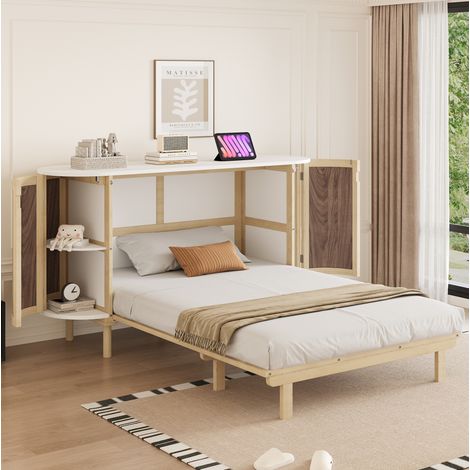Cama abatible 140x200 cm de madera efecto natural, estilo ratán, con compartimentos laterales y sistema plegable (1/5)