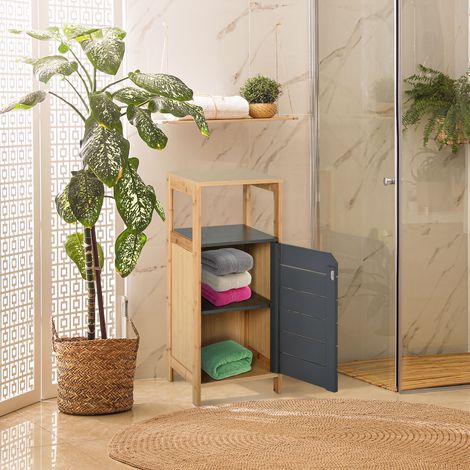 Mobiletto da bagno autoportante, colonna contenitore salvaspazio con anta e cassetto, realizzato in legno e bambù, 32L x 30W x 80H cm