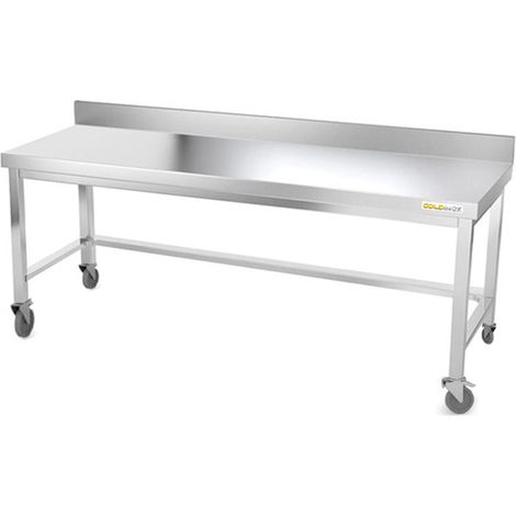 Table de travail en inox soubassement 2000 x 600 mm adossée avec renfort sur roulettes PREMIUM - GOLDINOX (1/4)