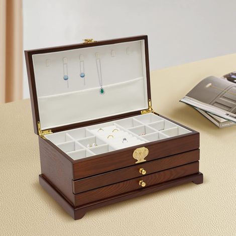 Schmuckschatulle Mit 2 Schubladen, Rechteckig, Aus Density Board, Futter Material Plüsch, Schmuckbox Für Ringe Armbänder Ohrringe, Ausziehbare Schublade (1/5)
