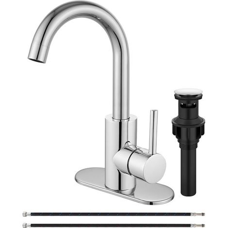 Robinet mélangeur de lavabo de salle de bain en laiton poli avec trop-plein - poignée unique - avec bonde de vidage et plaque de protection (1/4)