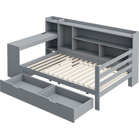 Letto divano multifunzione in legno 90 x 200 cm grigio con scrivania, ripiani, vani e prese (1/5)