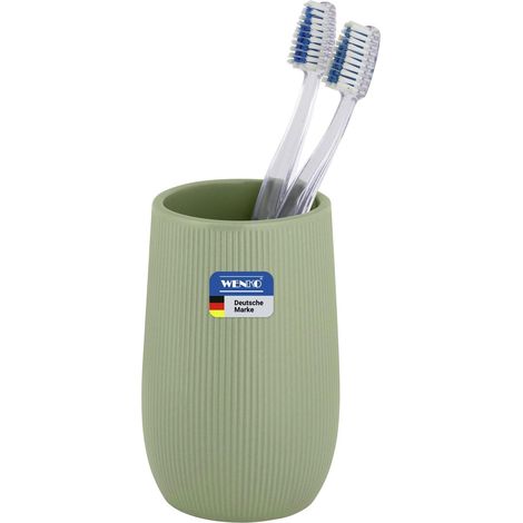 Gobelet à Dents Mod Fablo en céramique à Relief rainuré, Pose Libre, pour brosses à Dents, Dentifrice, comme gobelet de rinçage ou Porte-pinceaux en Salle de Bain ou Coiffeuse, Vert Mate