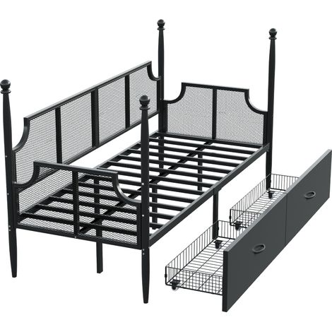 Canapé-lit en fer 90200, dossier et accoudoirs en maille style vintage, entouré d'une haute structure à colonnes, cadre métallique avec compartiments de rangement, lit simple en fer, lit ado, noir (1/5)