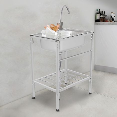 Évier d'extérieur 60 x 45 x 75 cm - En acier inoxydable - Avec meuble bas - En acier inoxydable - Pour l'extérieur - Évier d'échantillonnage - Charge maximale : 60 kg - Avec robinet d'eau chaud/froid (1/5)