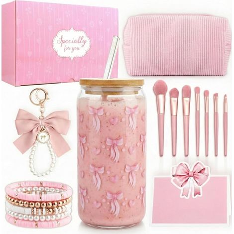 Cadeaux pour filles adolescentes 9 10 11 12 13 14 15 16 ans, cadeau de Saint-Valentin, anniversaire, fille, gobelet en verre avec paille et couvercle, trousse de maquillage, pinceau de maquillage (1/5)