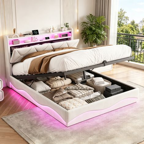 Polsterbett 140 x 200 cm  mit LED und USB, Doppelbett mit  hydraulisch und Stauraum, modern Jugendbett mit Kopfteil, Bettgestell mit Lattenrost,Velour
 Beige, Ohne Matratze