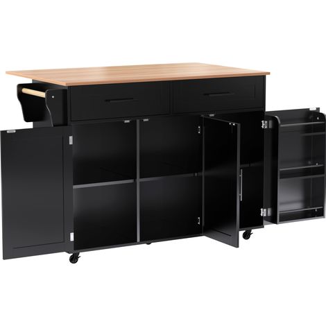 Carro isla de cocina negro y natural de MDF con encimera abatible 129 x 46 x 91,5 cm (1/5)