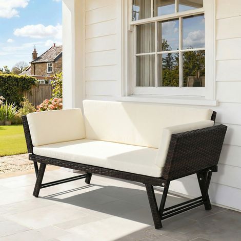 Canapé de jardin en polyrotin. 2 places. mobilier de jardin. canapé lounge. banc de jardin. chaise longue de jardin. pliable. accoudoirs en acier. marron. 129 x 63 x 67 cm