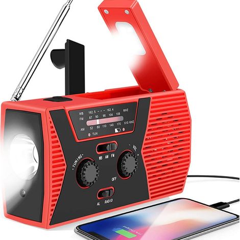 Radio portable - Radio d'urgence - Radio d'urgence solaire à remontage manuel - Avec lampe torche et liseuse - 2000 mAh - Rouge - ABS (1/4)