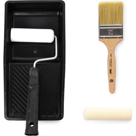 Kit pour Vernis à l'eau, solvants, exigeants, avec Rouleau en Velours, Rouleau en épine, poignée pour Rouleau, Pinceau et bac en Plastique, fabriqué en Italie (1/5)