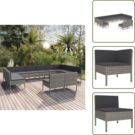The Living Store Set Divani da Giardino 12 pz con Cuscini in Polyrattan Grigio - Set da giardino
