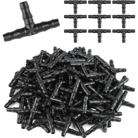 200 raccords cannelés universels en T 1/4" pour irrigation goutte à goutte, connecteurs cannelés 1/4" pour système d'arrosage goutte à goutte avec tube de 4 mm/7 mm (1/4)