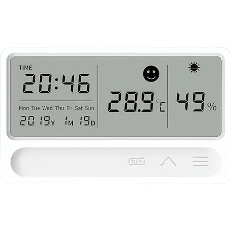Hygromètre numérique thermomètre LED d'intérieur avec horloge date alarme icônes de climat et confort enregistrements maximum/minimum Montage mural Commutable °C/°F (1/5)