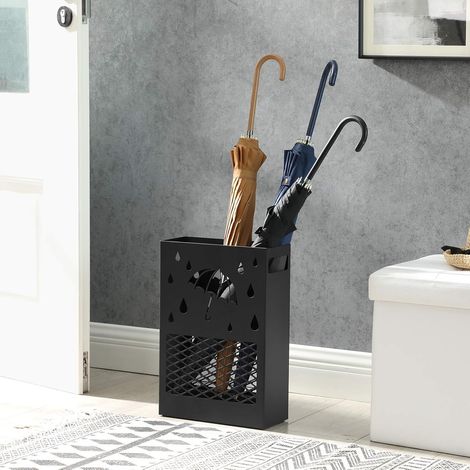SONGMICS Porta Ombrelli in Metallo, Contenitore per Ombrelli Rettangolare con 4 Gancetti e Vaschetta Scolapioggia, Design Ritagliato, per Entrata, Ufficio, Nero (1/8)