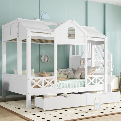Familien-Etagenbett 90x200 und 140x200 cm, Hausbett mit Treppenregal und 2 Bettschubladen, Kiefernholz und MDF, Wei (1/5)