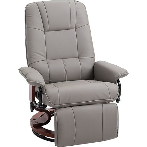 360° Swivel Recliner Chair with Footstool, Manual Recliner Armchair with Wooden Base, Faux Leather Upholstered Reclining Chair for Living Room, Bedroom, Office, Grey