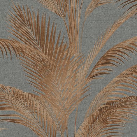 Papel pintado naturaleza Profhome 399803 papel pintado vinílico estampado en caliente tejido non tejido ligeramente texturado con palmeras y efecto metálico gris bronce pardo ocre 5,33 m2