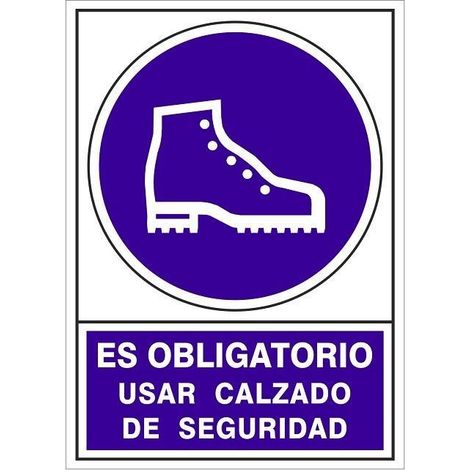 señal de obligación adhesiva. calzado de seguridad. rectangular. blanco y morado. 105 x 74 mm