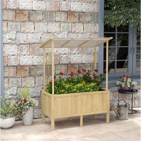 Carré potager surélevé en bois avec toit en polycarbonate, housse géotextile, 110x60x152 cm, bac 160 L pour jardin et balcon, montage facile CHICFURN (1/5)