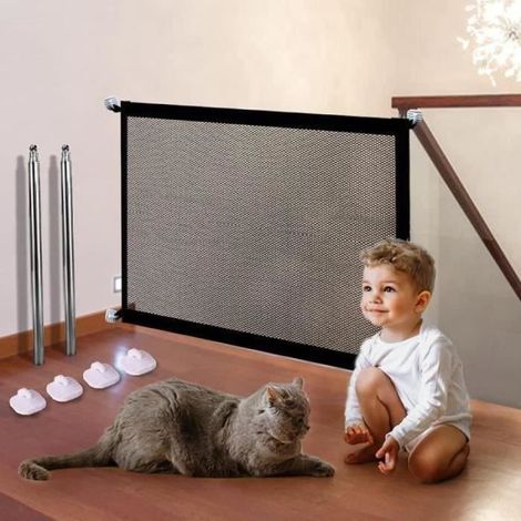 Barrière de Sécurité Amovible pour Bébés et Chiens - Métal Noir 180x75cm - Sans Perçage (1/4)