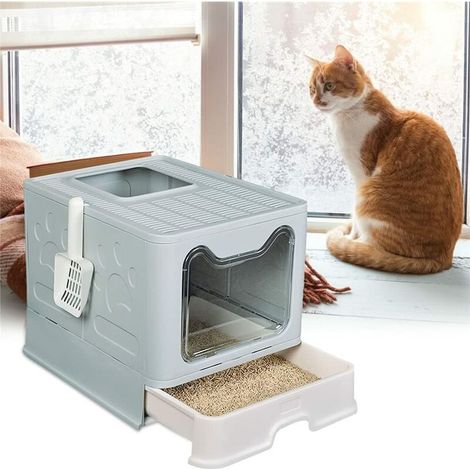 Bac Litière Chat XXL: Maison de Toilette pour Chats Anti Odeur Caisse Litière Fermée Grande Taille avec Filtre Tiroir et Pelle 51 x 41 x 38 cm Bleu