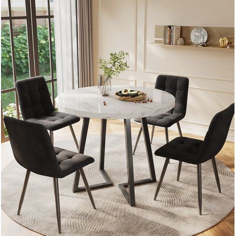FLORAGRACE Ensemble table à manger ronde 5 pièces 80 x 80 x 75 cm, table de cuisine moderne avec 4 chaises en velours noir, plateau MDF blanc, pieds métal noirs (1/5)