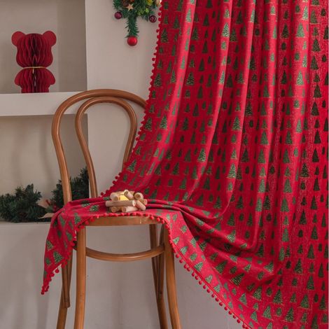 JSSEVN - pc Christmas curtain, red Christmas tree kitchen curtain, semi-blackout, red gold-plated background, red ball through the pole, 150 x 220 cm (1/5)